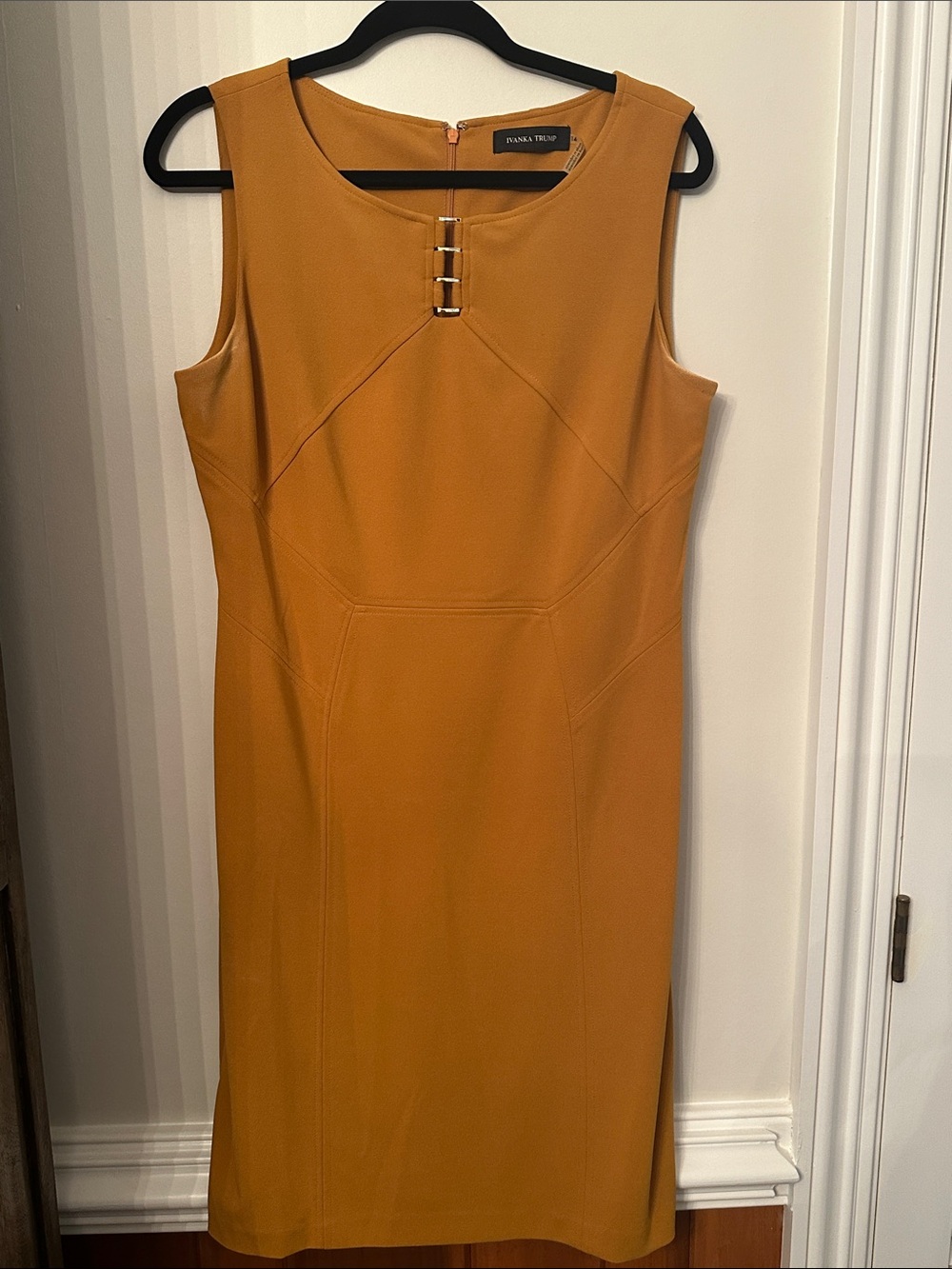 Ivanka Trump Mustard Sheath Midi Dress with Front Buckle